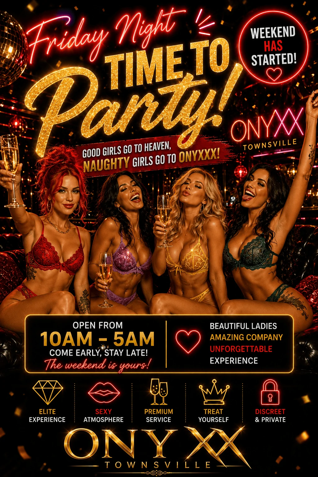 ONYXX BROTHEL & ESCORTS TOWNSVILLE Come party with our hot babes, or book them to come to you! Massage and Full Service with our beautiful ladies. Onyxx Brothel and Escorts. Townsville.